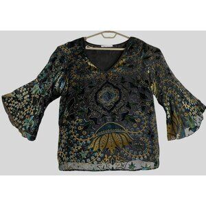 Violet + Claire Sheer Black Velvet-burnout Floral Top 3/4 Bell Sleeves 1X Casual